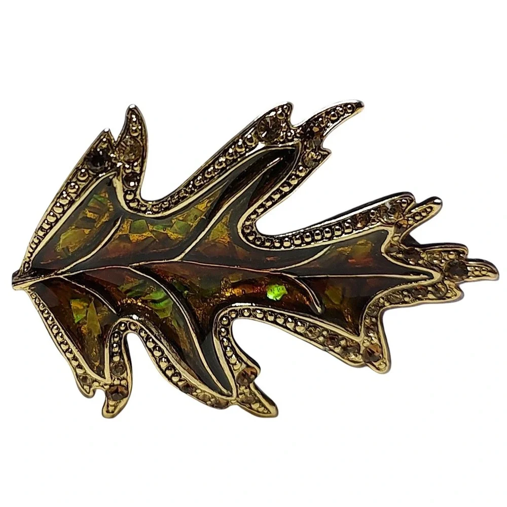 Vintage Signed LC‎ Liz Claiborne Enamel Rhinestone Leaf Brooch Pin